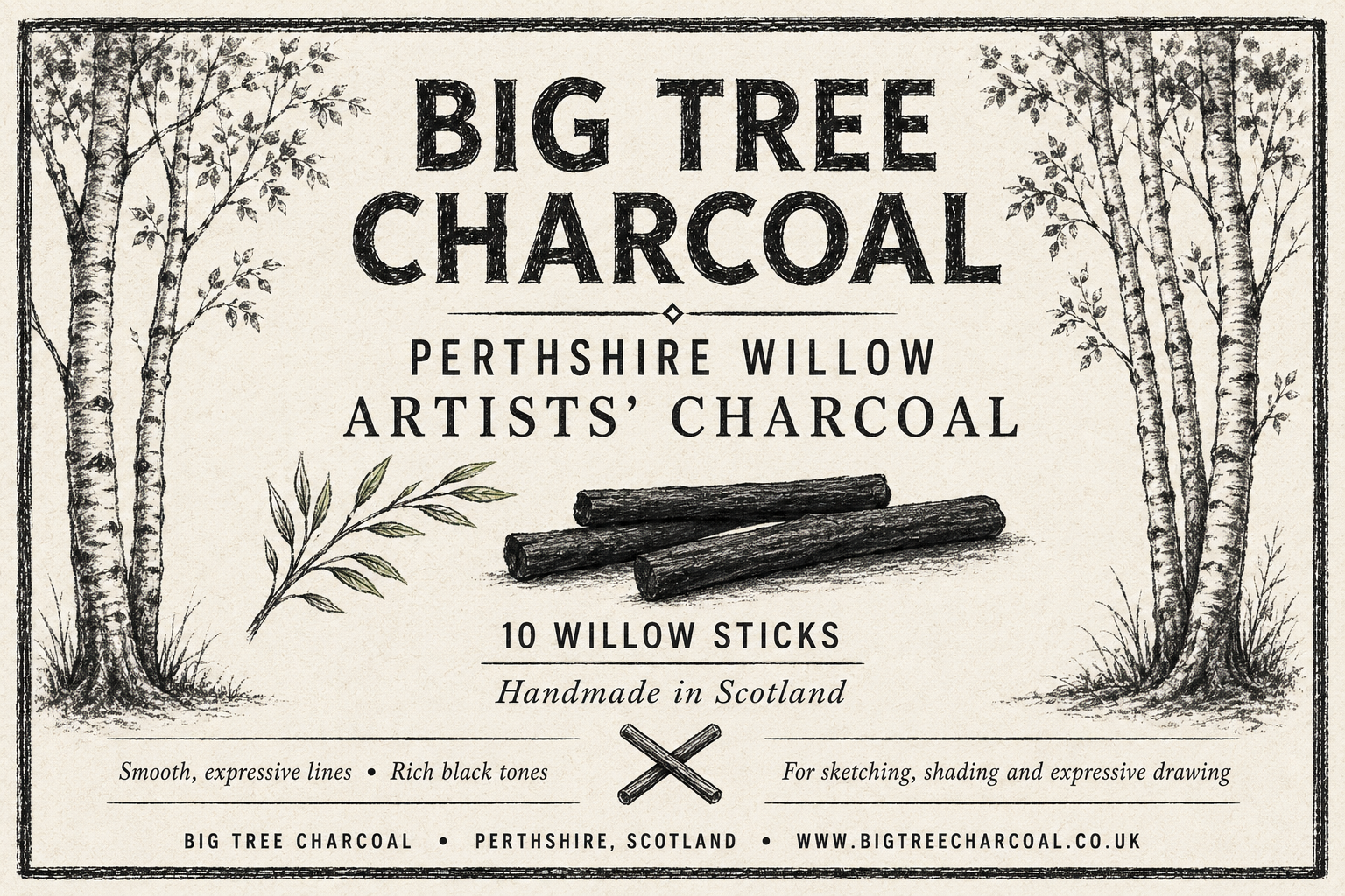 Perthshire willow artists’ charcoal — Big Tree Charcoal label